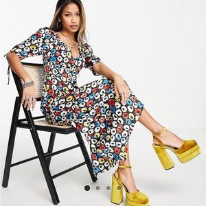 Topshop retro primary floral peplum midi dress in multi